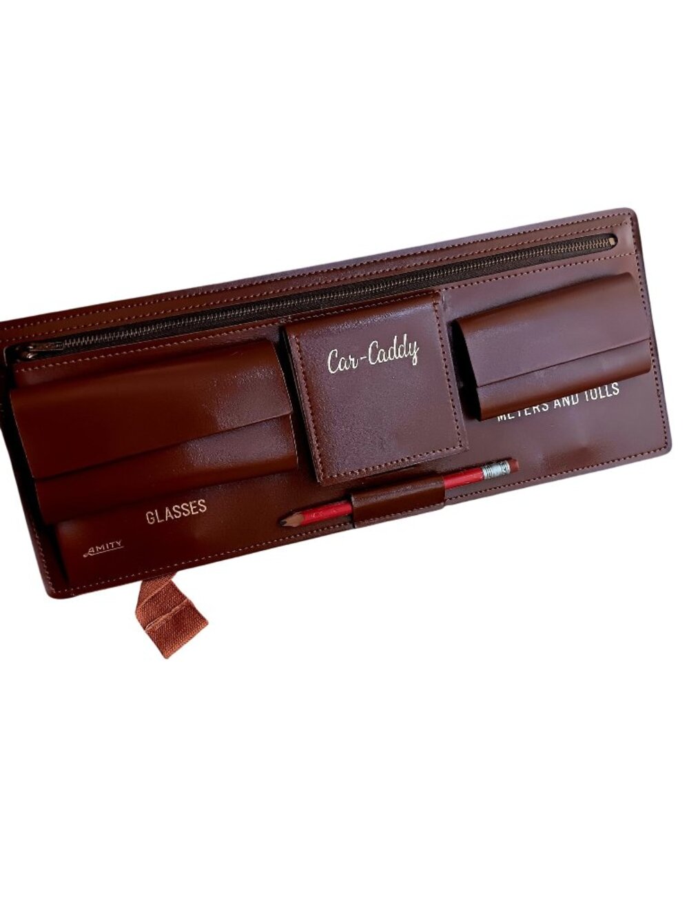 Vintage 1950s 60s Amity Car-Caddy Brown Leather Organizer Hot Rod Sun Visor